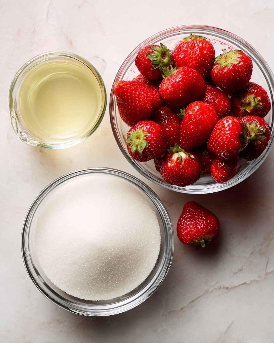 The image shows three clear glass bowls on a white marbled surface. The top right bowl is filled with many whole, fresh red strawberries with visible texture and green tops removed. Below it, a larger bowl is full of fine white granulated sugar, smooth and even on top. Above them and slightly to the left, a small glass measuring cup contains a pale yellow liquid, clear and shiny. The setup is simple with the bowls spread out and the white marble beneath is softly textured. Photo taken with an iphone --ar 4:5 --v 7