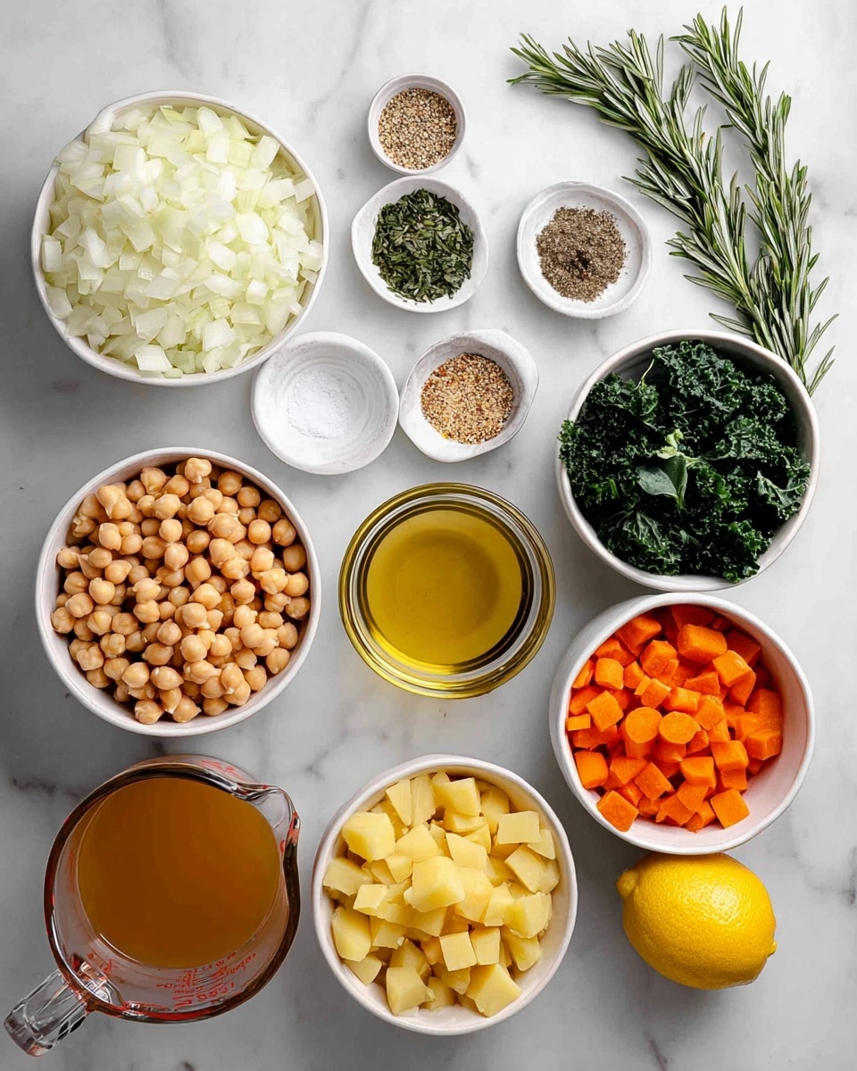 A white marbled surface holds an array of ingredients in separate white bowls and clear glass containers arranged neatly. On the top left is a white bowl filled with chopped white onions, next to it several small white bowls containing minced garlic, chopped herbs, and a mix of salt and pepper. Above these small bowls are two sprigs of fresh rosemary. To the right, a white bowl contains chopped dark green kale. Below the kale, a transparent cup holds golden olive oil. At the bottom center is a white bowl filled with diced yellow potatoes, and next to it on the right is another white bowl with diced bright orange carrots. On the bottom left, a clear glass bowl shows a large amount of light brown chickpeas. In the front center, a clear glass measuring cup contains a light brown broth. A whole yellow lemon sits on the white marbled surface on the right edge. Photo taken with an iphone --ar 4:5 --v 7