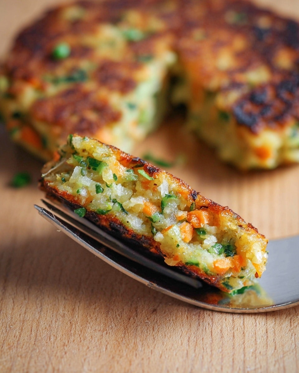The image shows a close-up of a vegetable patty held by a silver fork, with a piece broken off to show the inside. The patty has two layers: a golden-brown crispy outside with some charred spots, and a soft inside filled with small pieces of green herbs, orange carrots, and light-colored vegetables. In the background, a whole patty with similar colors and textures lies flat on a wooden surface. The vegetables inside give a fresh look with green and orange colors, and the crisp edges are rough and uneven. The photo taken with an iphone --ar 4:5 --v 7