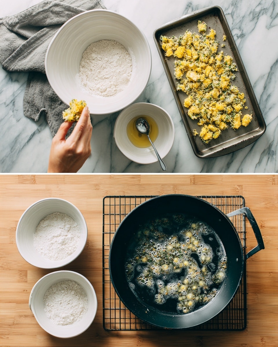 The top part shows a woman's hand holding a piece of food, dipping it into a white bowl filled with white flour, next to another white bowl filled with a yellow-green egg and herb mixture with a spoon inside. To the right is a big black pan on a wooden surface, with a tray of yellow food pieces on a grey cloth on the left side. The bottom part shows the same white bowls on the left, with the black pan now filled with oil and small food pieces frying in it, surrounded by bubbles. On the right side, there is a cooling rack on the wooden surface. The background has a white marbled texture photo taken with an iphone --ar 4:5 --v 7