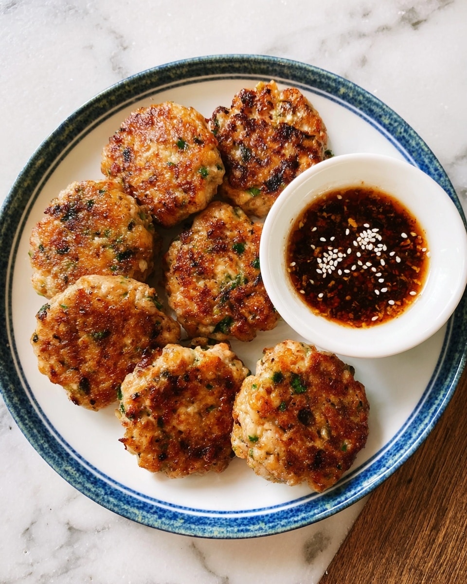 A white plate with a blue rim holds seven round, golden-brown patties with a slightly crispy texture and visible bits of green herbs inside. On the right side of the plate, a small white bowl filled with dark brown dipping sauce sprinkled with white sesame seeds sits next to the patties. The plate is placed on a white marbled surface. photo taken with an iphone --ar 4:5 --v 7