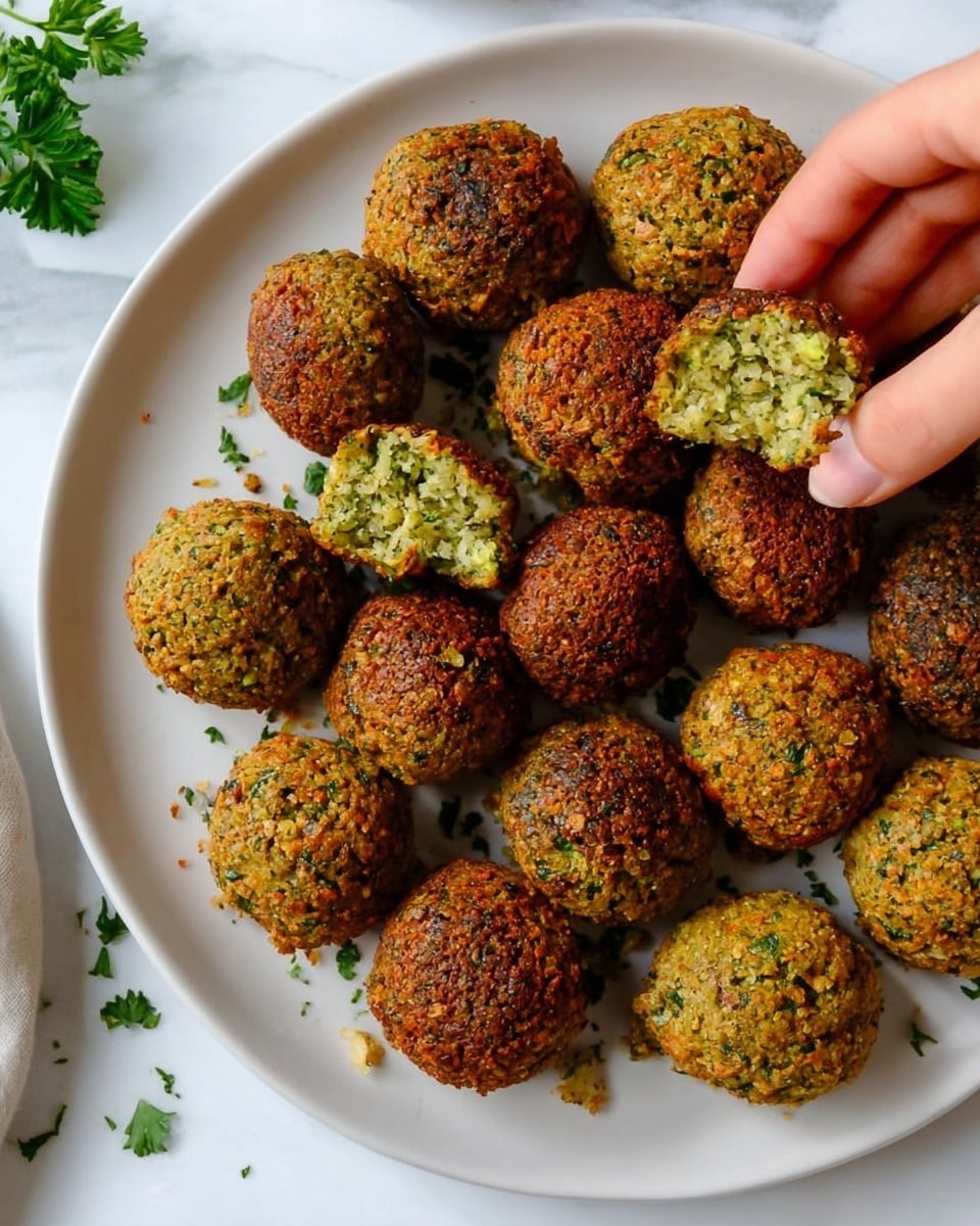 A white plate holds about fifteen falafel balls that are golden brown with a rough, crispy texture on the outside and a green, crumbly, and slightly soft inside visible in one falafel that is broken open. The falafel balls are unevenly placed on the plate, with small bits of green herbs scattered around them. A woman's hand is reaching into the top right corner to pick up one falafel ball. The plate sits on a white marbled surface with some parsley leaves for decoration. Photo taken with an iphone --ar 4:5 --v 7