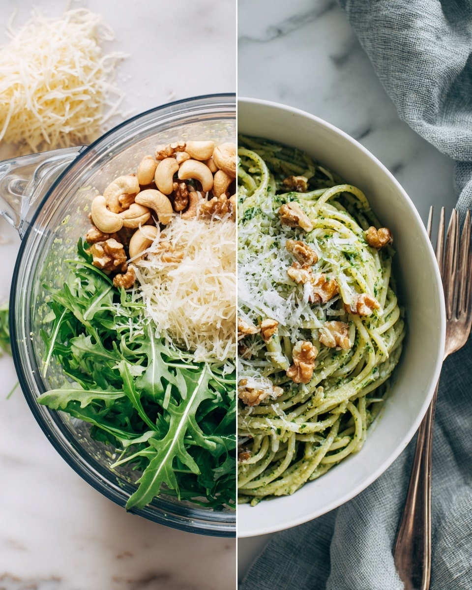 The image shows two parts: on the left is a clear food processor bowl with layers of fresh green arugula, light brown cashew nuts on top, and a mound of grated pale yellow cheese beside them, all resting on a white marbled surface. On the right is a close-up of a white bowl filled with green pesto spaghetti, topped with grated cheese sparkled in white, small pieces of brown walnuts, and bright green arugula leaves, with a silver fork on the side, set on a white marbled surface with a soft gray cloth nearby. Photo taken with an iphone --ar 4:5 --v 7
