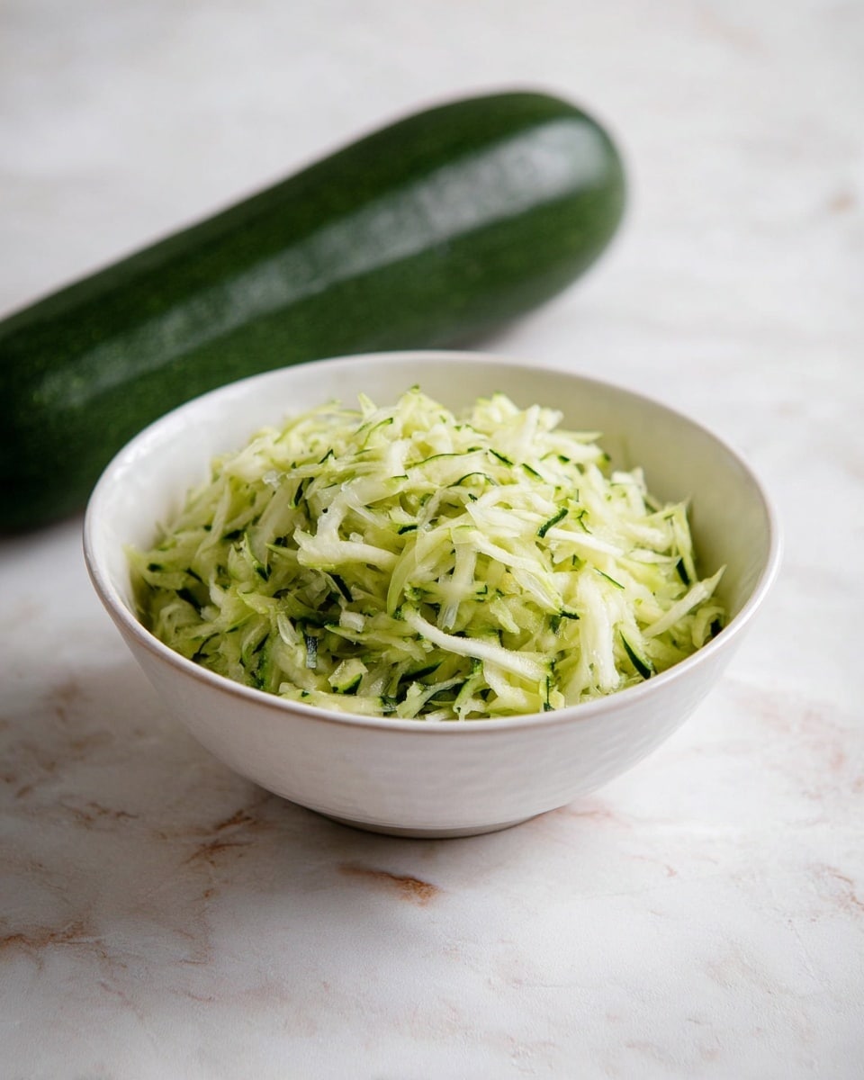 A white bowl filled with one layer of finely shredded light green zucchini with darker green bits of peel mixed in, placed on a white marbled surface, with a whole dark green zucchini lying in the background, photo taken with an iphone --ar 4:5 --v 7