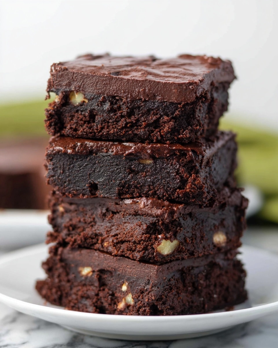 A stack of four square chocolate brownies sits on a white plate with a white marbled background. Each brownie has two clear layers: a thick, dark brown, moist cake-like base with small nut pieces scattered inside, and a rich, smooth, glossy chocolate frosting layer on top. The brownies are unevenly stacked, showing rough edges and a dense texture. The top brownie has visible nut pieces peeking through the cake layer. photo taken with an iphone --ar 4:5 --v 7
