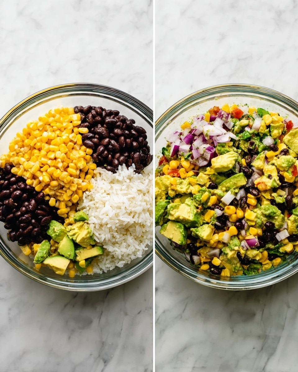 The image shows two clear glass bowls placed on a white marbled surface. The bowl on the left has visible layers of yellow corn, dark black beans, diced green avocado, small chopped red onion, and white rice, each ingredient sitting separately in the bowl. The bowl on the right shows the same ingredients mixed together evenly, creating a colorful blend of yellow, black, green, red, and white. Both bowls have a clean, fresh look with a simple and bright presentation. Photo taken with an iphone --ar 4:5 --v 7