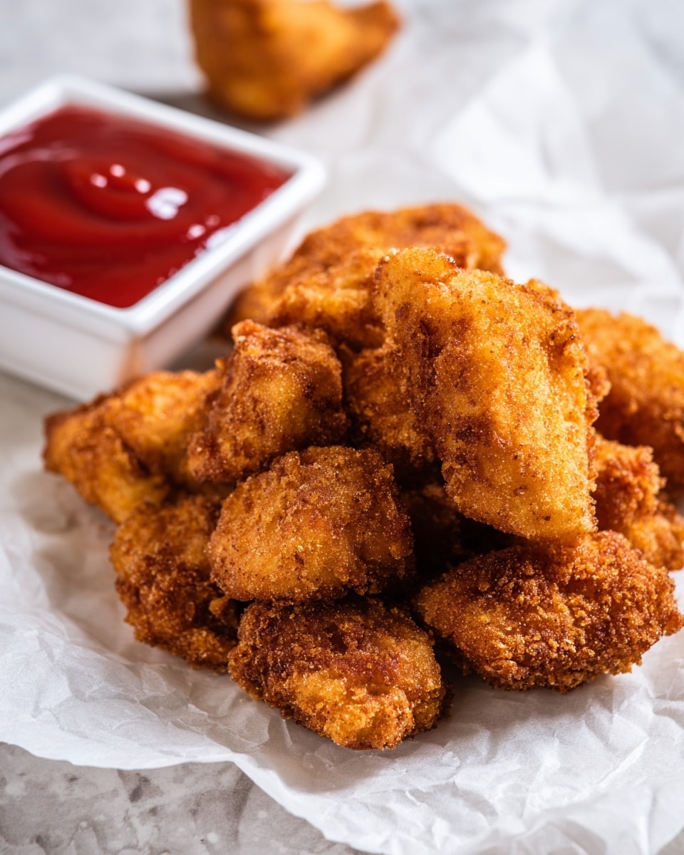 A white plate filled with a pile of golden brown breaded chicken nuggets, each piece showing a crispy, crunchy texture on the outside with a tender, white inside visible in one nugget that is split open in the front. Around the plate, small crumbs are scattered. In the background, there is a white tray with more nuggets on white parchment paper and a white square dish filled with thick, bright red ketchup on a wooden table, all against a white marbled texture. photo taken with an iphone --ar 4:5 --v 7