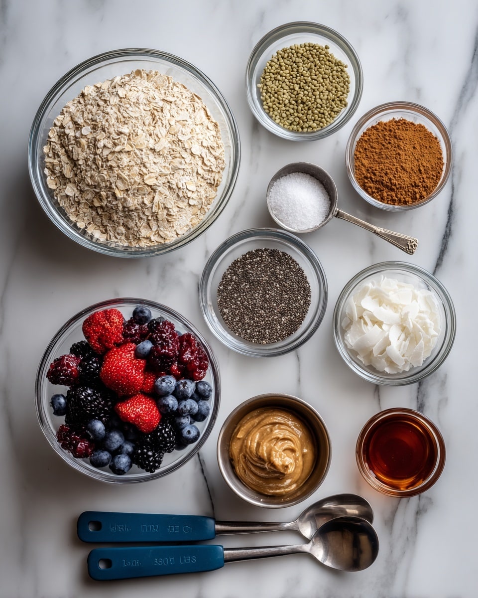 The image shows several clear round glass bowls and metal bowls with different ingredients arranged on a white marbled surface. A large glass bowl is filled with layers of dry ingredients: pale beige oats, light golden flaxseed, greenish hemp seeds, white coconut flakes, and a small cinnamon pile, all grouped in separate sections. Nearby, a smaller glass bowl is full of mixed red and dark purple berries, including strawberries and blueberries. There are small metal bowls holding egg whites and black chia seeds, with a silver spoon resting between them, holding a small pile of white salt. Two blue-handled measuring spoons lie flat on the surface, one filled with smooth brown almond butter and the other with dark amber maple syrup. Photo taken with an iphone --ar 4:5 --v 7
