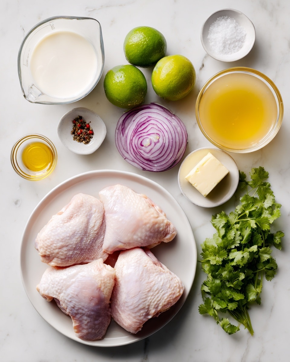 The image shows a flat lay of raw cooking ingredients placed neatly on a white marbled surface. At the center bottom, four raw chicken pieces lie on a white round plate, displaying their pinkish color and smooth texture. Above the chicken, on the left, a clear glass measuring cup contains thick white heavy cream. To the right, another glass measuring cup holds golden yellow chicken broth. Between the cream and broth are two whole limes, one cut in half showing vibrant green flesh. Near the top right, fresh green cilantro leaves spread out with an aromatic freshness. Near the center are sliced red onion layers showcasing purple and white rings and a small solid cube of pale yellow butter. Small white bowls contain black pepper on the top left, red pepper flakes just below it, olive oil with a golden shine above the butter, and salt to the right side of the onion. The arrangement is tidy and spaced on the white marbled surface. photo taken with an iphone --ar 4:5 --v 7