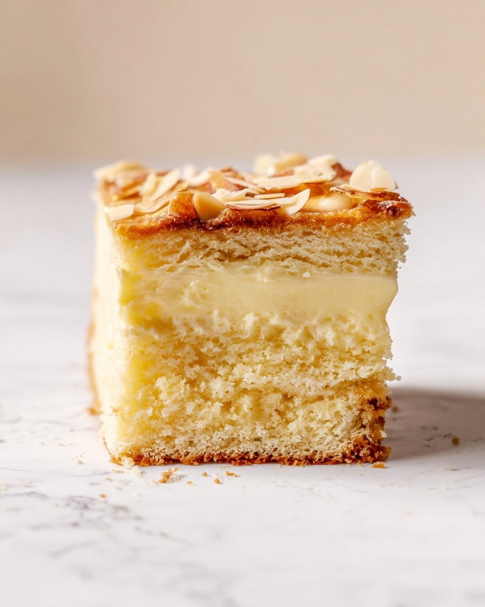 The image shows a slice of cake with three layers on a white marbled surface. The bottom layer is a light golden-brown cake, soft and slightly crumbly. The middle layer is a thick, smooth, pale yellow cream, looking dense and rich. The top layer is another light golden cake, similar in color and texture to the bottom, with a thin topping of toasted almond slices that are light brown and slightly shiny from a glaze. The background is plain beige, making the cake the main focus of the photo taken with an iphone --ar 4:5 --v 7