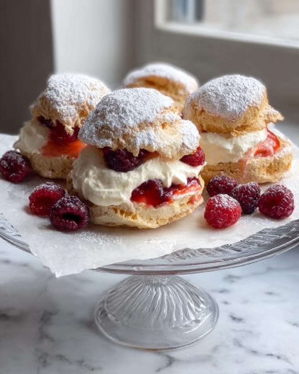 The image shows a white cake stand holding three cream puff pastries with powdered sugar dusted on top. Each puff is layered with a golden-brown, puffed outer shell and filled with thick white cream and a layer of small red berries inside. The cream and berries peek out from the sides, and there are extra berries scattered around the pastries on the parchment paper lining the cake stand. The whole setup is placed near a window with a white marbled surface beneath. Photo taken with an iphone --ar 4:5 --v 7