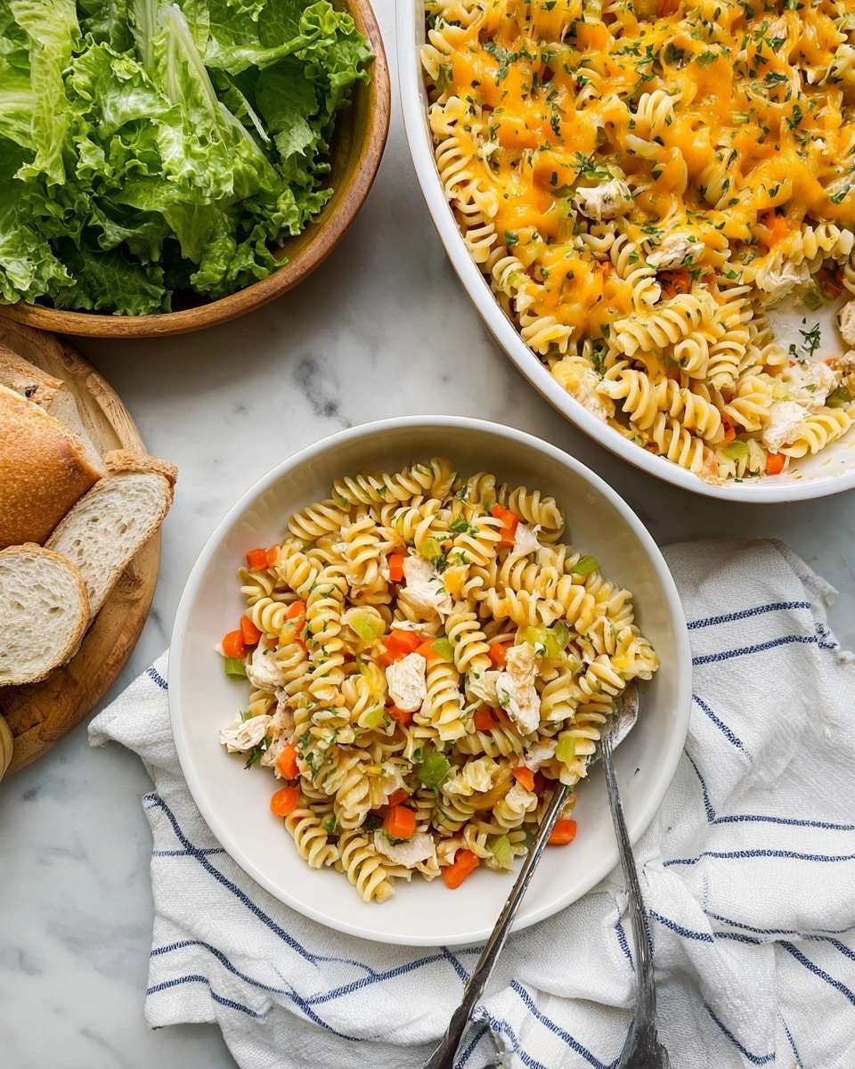 A white shallow bowl holds a serving of rotini pasta mixed with small pieces of white chicken, finely diced orange carrots, green herbs, and bits of celery, giving a mix of pale yellow, orange, and green colors throughout. A silver fork rests on the right side inside the bowl. Above this, a white casserole dish is filled with more of the same rotini pasta mixture, topped with melted orange cheese and sprinkled with chopped green herbs. To the upper left, a round bowl filled with fresh green leafy lettuce sits next to pieces of bread, all set on a white marbled surface. A white cloth with blue lines is laid partially under the pasta bowl. Photo taken with an iphone --ar 4:5 --v 7
