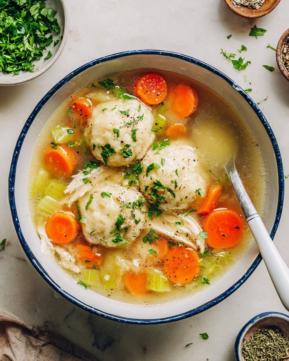 A blue bowl filled with three round, light beige dumplings floating in clear broth with pieces of white cooked chicken, bright orange carrot slices, and green celery chunks, all topped with small green parsley leaves. The bowl sits on a white marbled surface, surrounded by a small plate of fresh parsley, a yellow cloth, two glasses of amber-colored drink, a small bowl with dried herbs, and another small bowl with ground black pepper. The scene is bright and colorful, highlighting the textures of the soup ingredients photo taken with an iphone --ar 4:5 --v 7