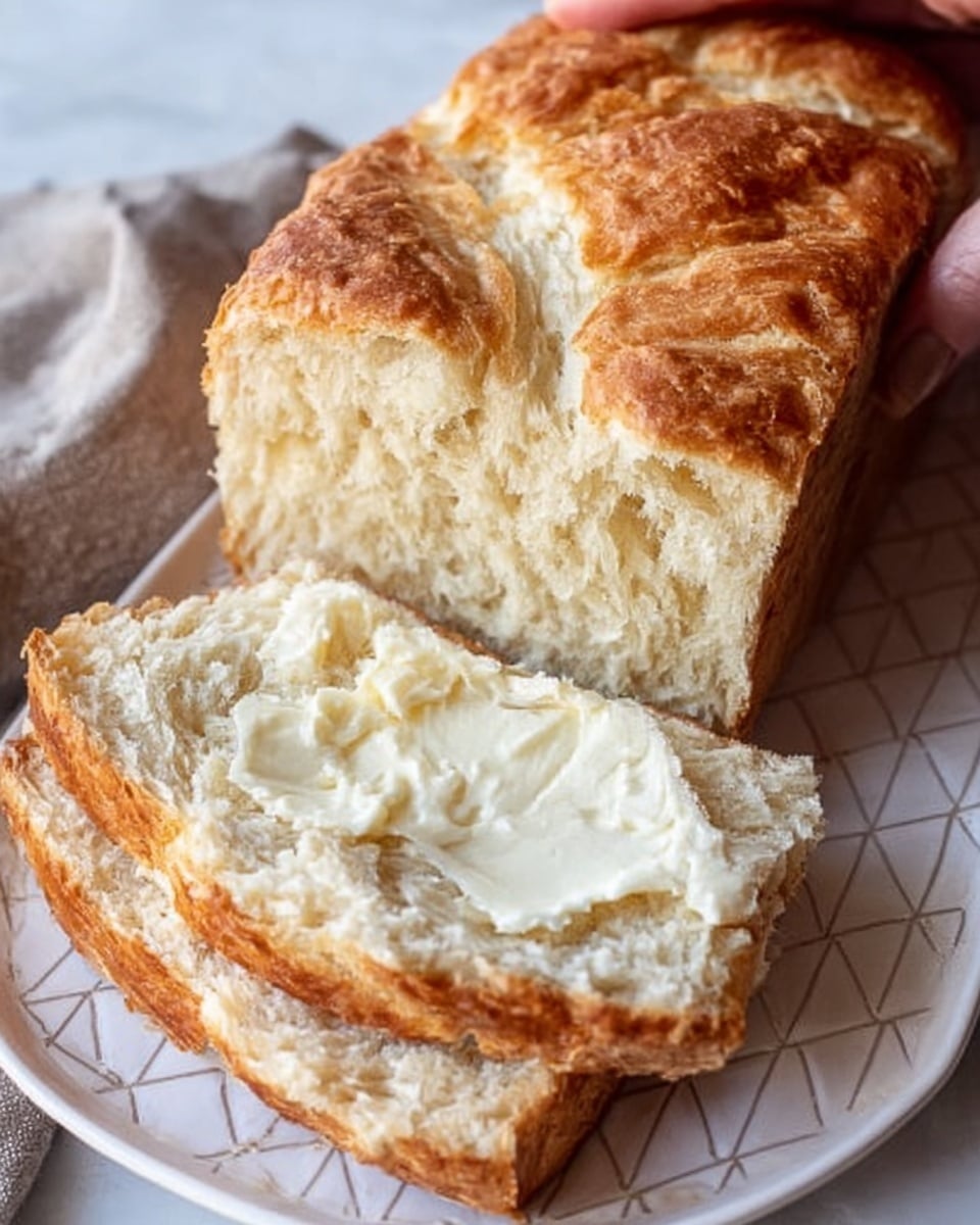 A loaf of bread is shown with one slice cut off and lying flat, spread with melting white butter that has soft, shiny texture. The bread has three visible layers: a golden-brown, slightly crispy top crust with ridges and cracks; a soft, airy, light beige inside crumb with a fluffy texture; and a darker golden bottom crust that appears firm but not hard. The loaf rests on a white plate with a subtle geometric pattern that sits on a white marbled surface. A woman's hand lightly touches the sliced bread at the edge, adding a human element to the scene. Soft natural lighting enhances the textures and colors. photo taken with an iphone --ar 4:5 --v 7