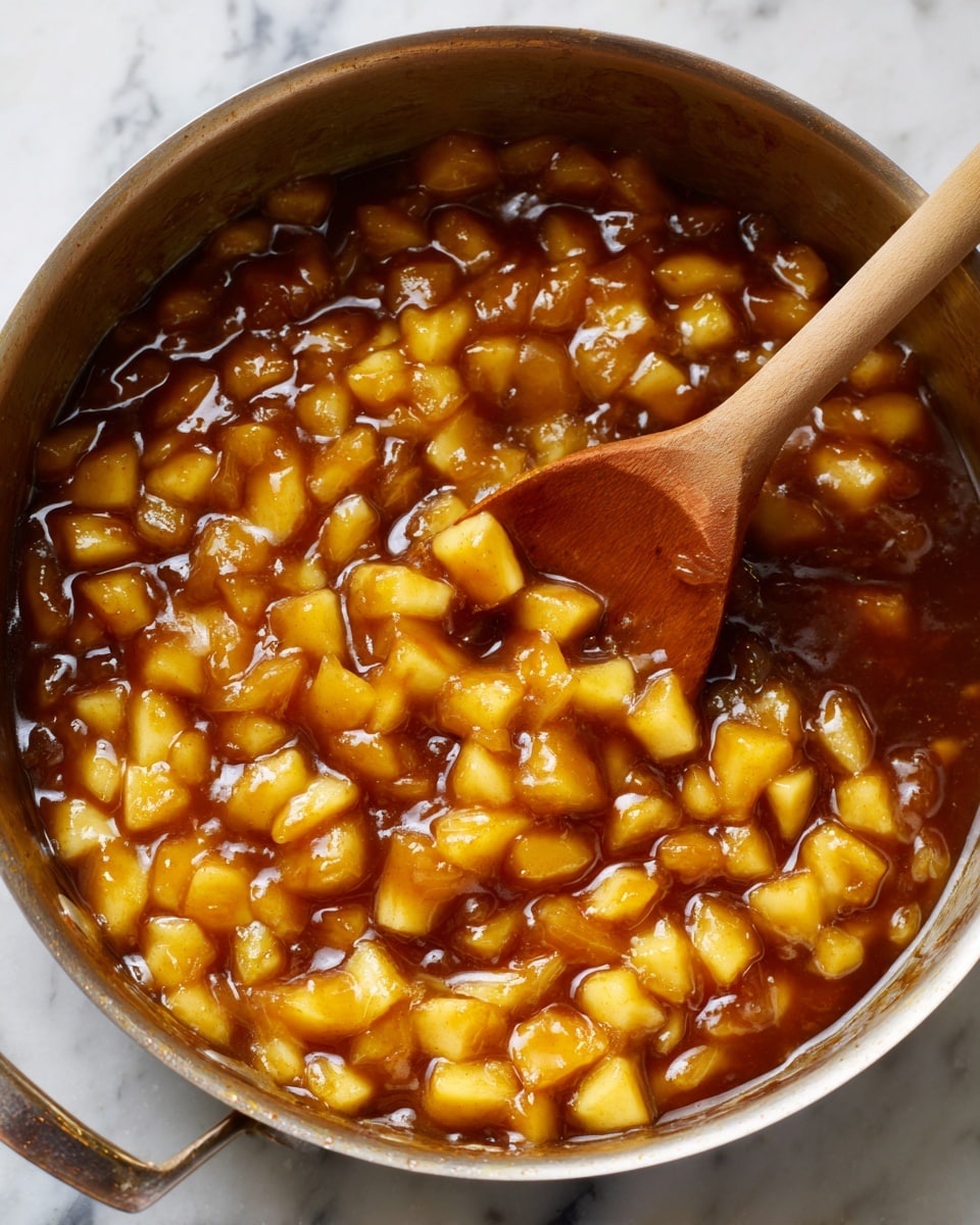 The image shows a close-up of a pot filled with simmering apple chutney. The chutney has many small, soft apple pieces in shades of golden yellow and light brown, coated with a thick, shiny, dark amber sauce that looks sticky and glossy. The apple pieces vary in size and are scattered throughout the sauce, which gathers pockets of syrup around them. A wooden spoon is partially submerged in the pot, stirring the chutney and creating a gentle swirl on the surface. The pot's metal edges are slightly steamed, hinting at heat. The scene sits on a white marbled surface. photo taken with an iphone --ar 4:5 --v 7