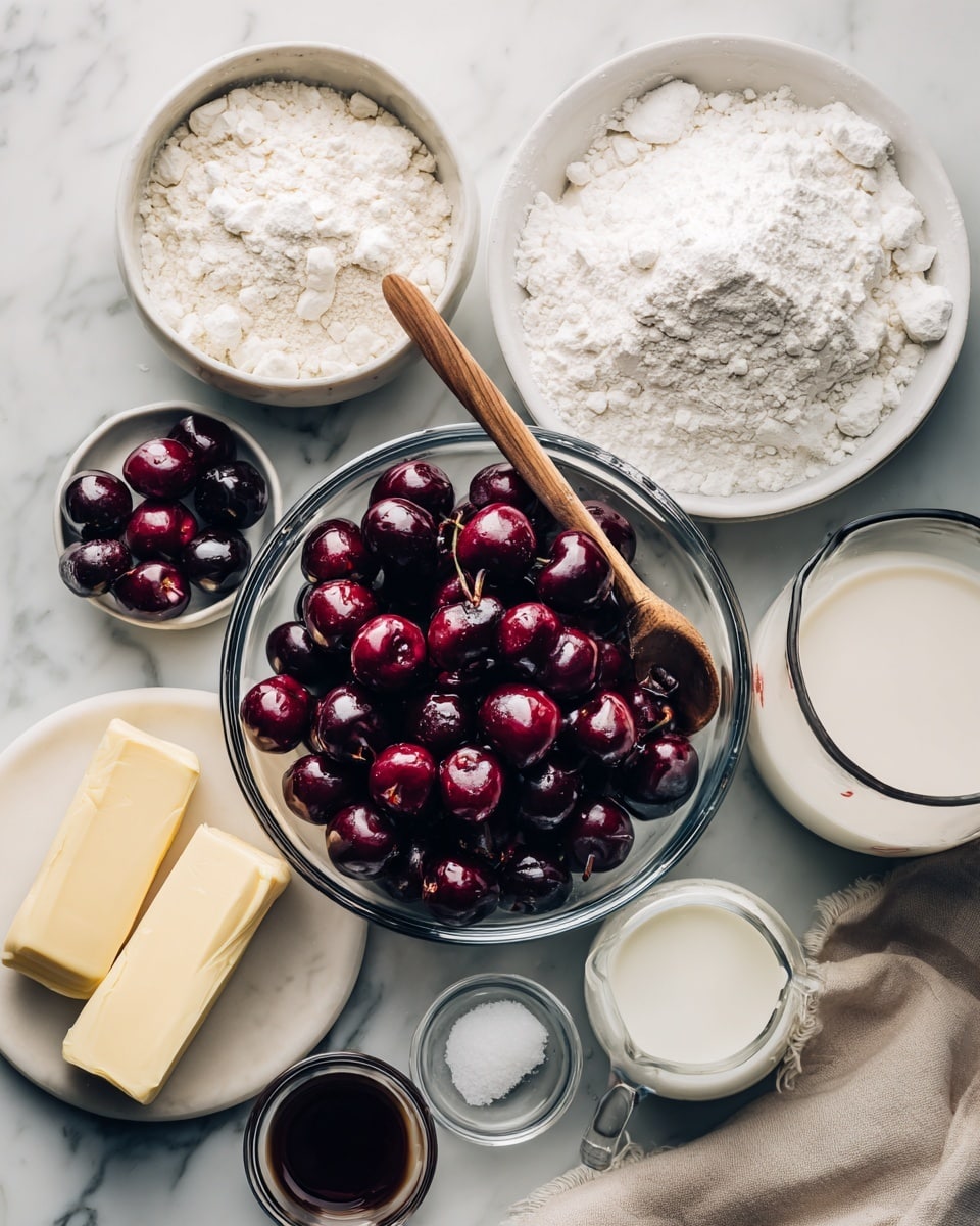 The image shows several clear glass bowls and containers on a white marbled surface, each filled with different baking ingredients. At the center is a large bowl filled with dark red cherries, halved and pitted, with a wooden spoon resting inside. Above the cherries, there are two medium bowls, one with white flour and the other with white sugar. To the right, a small bowl contains white baking powder, and below it another small silver container holds salt. On the left side, there is a pale yellow stick of butter placed on the surface. Below the butter, two tiny glass bowls contain clear almond extract and dark vanilla extract. At the bottom right, there is a measuring cup filled with white milk. A soft beige cloth is partially visible on the right edge of the scene. photo taken with an iphone --ar 4:5 --v 7