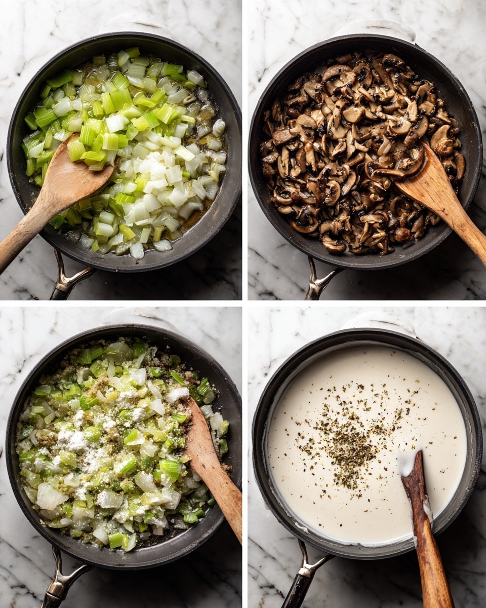 In this four-part image collage, a large black pan sits on a stove with a wooden spoon inside. The first image shows a layer of light green celery pieces and white chopped onions sizzling with melted butter at the bottom left, while the wooden spoon rests on top. The second image adds a thick layer of chopped brown mushrooms over the celery and onions, filling most of the pan. The third image shows the mushrooms and vegetables cooked down to a darker, softer mix with a white powder (likely flour) sprinkled on top, and the wooden spoon nearby. The last image shows a creamy white liquid poured in, mixing with the mushroom and vegetable layer, topped with specks of black pepper and herbs. The background is a white marbled texture. Photo taken with an iphone --ar 4:5 --v 7