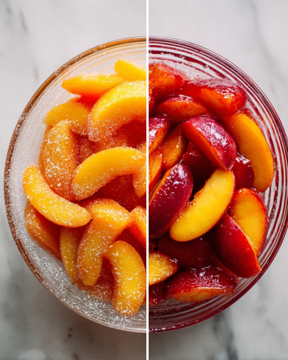 A clear glass bowl filled with bright orange and deep red peach slices placed over a white marbled surface. The left side shows a layer of fresh peach slices covered with a thick layer of fine white sugar, while the right side shows the same bowl with the peach slices now coated in a shiny syrup, giving them a glistening and slightly wet texture. The bowl has visible ridges, and the peach slices are arranged loosely with some edges overlapping. photo taken with an iphone --ar 4:5 --v 7