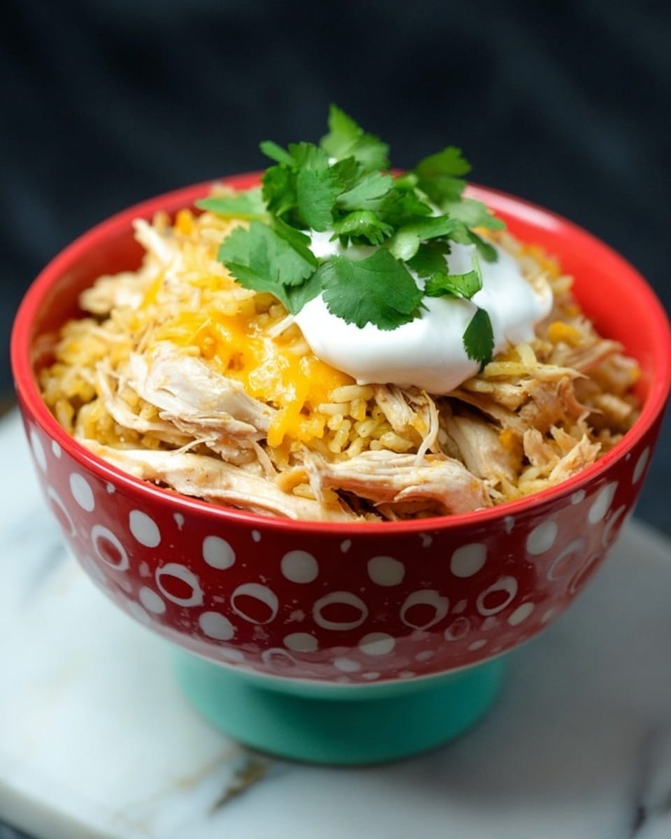 A white bowl filled with three main layers is shown on a white marbled surface. The bottom layer has yellow rice mixed with black beans, creating a slightly crumbly texture. On top of this is a layer of shredded light beige chicken. Over the chicken, there is a layer of shredded yellow cheese scattered unevenly. At the very top sits a dollop of white sour cream with vibrant green chopped cilantro leaves decorating it. The bowl itself is bright red with white flower patterns. Photo taken with an iphone --ar 4:5 --v 7
