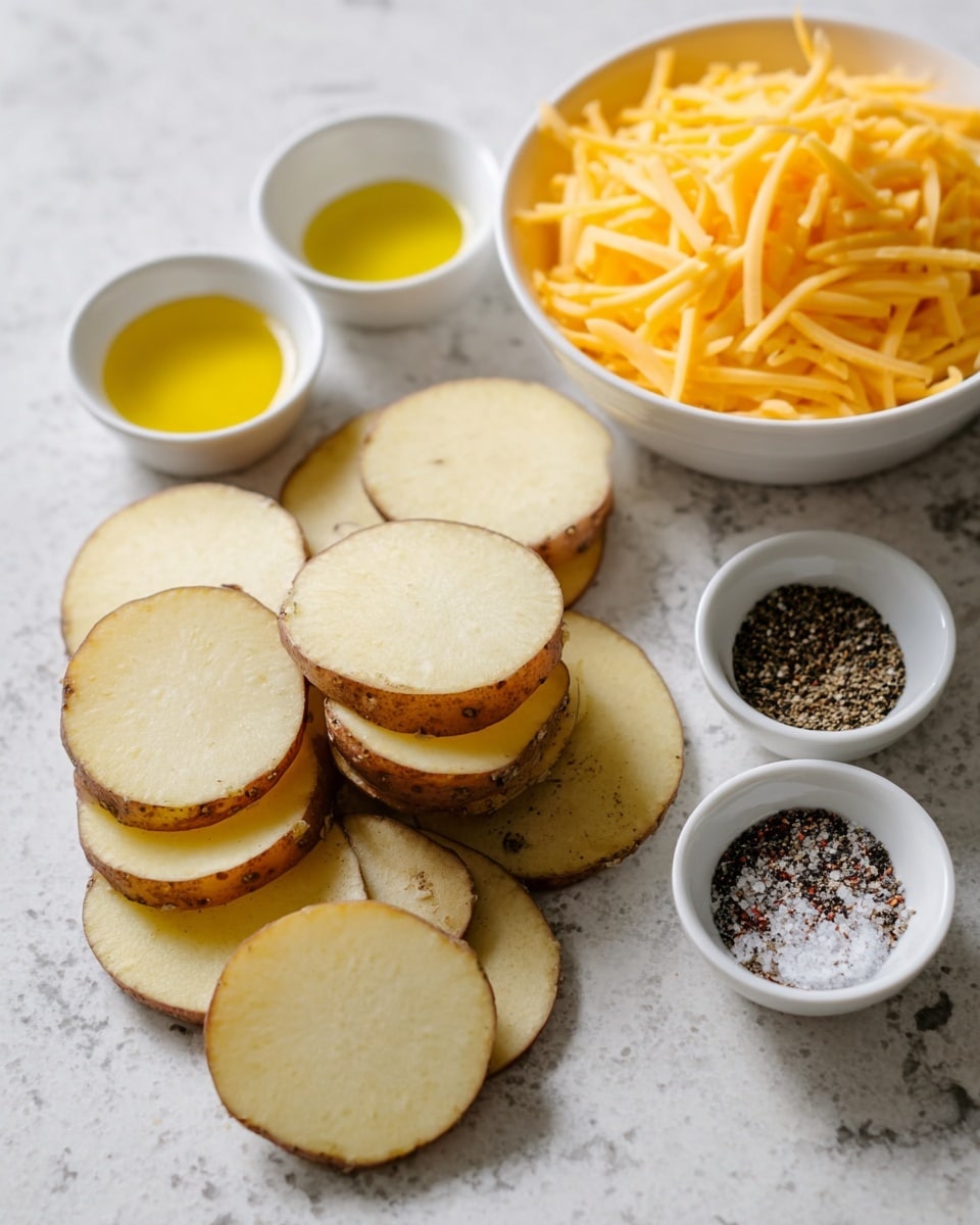 The image shows a metal bowl filled with round potato slices with the skin still on. The potato slices are coated with oil and sprinkled with black pepper and salt, giving them a shiny and speckled appearance. The slices are stacked unevenly, with some overlapping each other, filling the bowl almost to the top. The bowl sits on a white marbled surface, and the texture inside the bowl is smooth and reflective, showing slight oil glisten. photo taken with an iphone --ar 4:5 --v 7