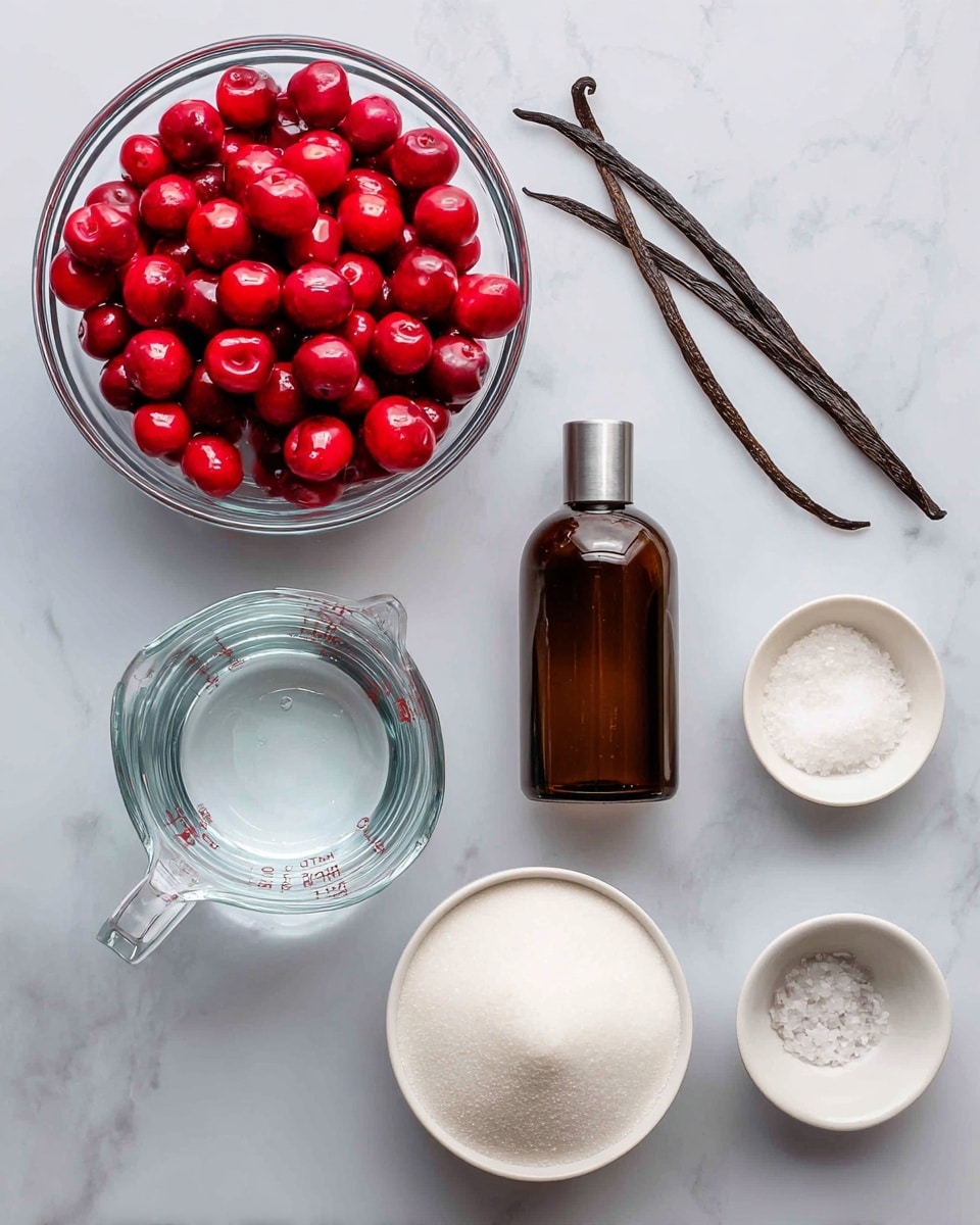 The image shows ingredients arranged on a white marbled surface. There is a large clear glass bowl filled with bright red frozen tart cherries at the top left. Near the top right, a dark brown vanilla bean is placed next to a small brown bottle of almond extract with a silver cap. Below these, a clear glass measuring cup holds water, labeled for the cornstarch slurry. On the bottom left, there is a white bowl filled with fine white sugar, a small white bowl with white cornstarch is placed to the right of it, and next to that, a tiny white bowl contains some salt. The setup is neat and clearly labeled photo taken with an iphone --ar 4:5 --v 7