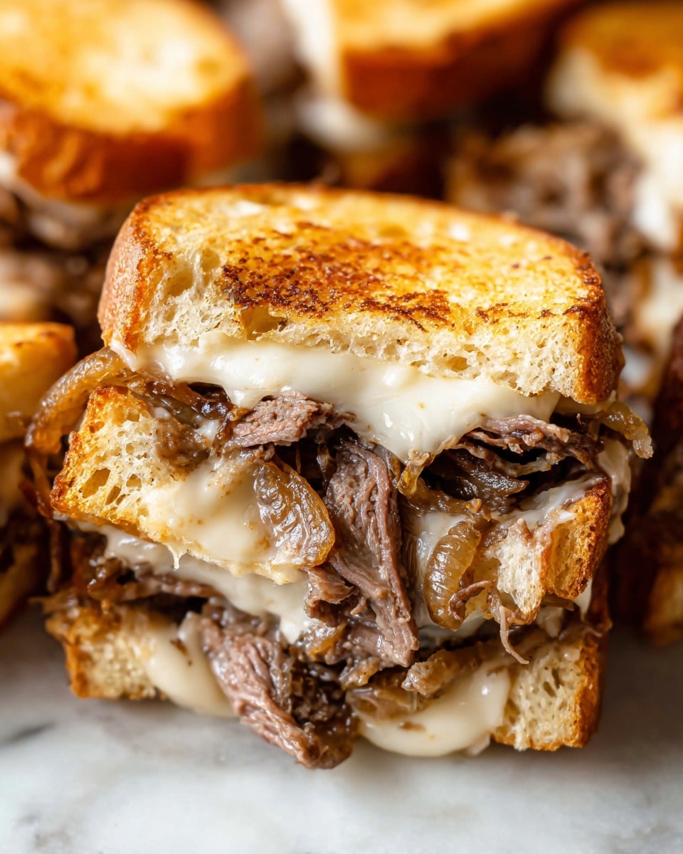 The image shows a sandwich with two thick, golden-brown toasted bread slices. The bottom slice holds a layer of cooked thin brown meat strips mixed with soft, translucent cooked onions. Above the meat is a creamy melted light cheese layer that slightly oozes onto the bread. The top slice of bread is soft and light-colored with a crunchy toasted crust. The sandwich is the main focus, with parts of similar sandwiches blurred in the background, all placed on a white marbled surface. photo taken with an iphone --ar 4:5 --v 7