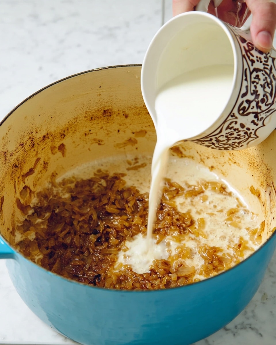 A close-up view of the inside of a light blue pot with browned bits and cooked onions stuck to the bottom, showing a thick layer of golden-brown cooked onions spread unevenly at the base. A woman's hand is pouring a thick white liquid from a white cup with dark decorative patterns into the pot, just above the browned onions. The interior of the pot has uneven golden brown and black scorch marks on a cream surface. The background is a white marbled texture. photo taken with an iphone --ar 4:5 --v 7