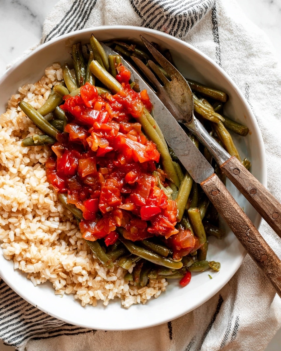 A white shallow bowl is filled with three layers: at the bottom is a base of cooked brown rice with separate, soft grains in pale tan and light brown tones; the middle layer shows a mix of cooked green beans that are long, firm, and shiny in deep green color; on top, there is a chunky tomato sauce layer with bright red tomato pieces and small bits of translucent cooked onions, all mixed together and spread unevenly over the green beans. Two rustic wooden-handled utensils, a fork and a knife, are placed partially inside the bowl on the rice layer. The bowl sits on a white marbled surface with a striped cloth nearby. photo taken with an iphone --ar 4:5 --v 7