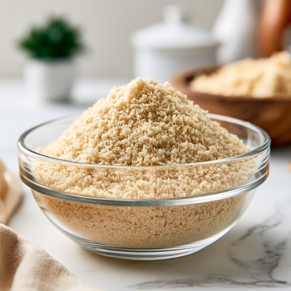 A clear glass bowl filled with a large mound of light beige, fine crumbly texture. The bowl is placed on a white marbled surface with a beige cloth partially visible on the bottom left. In the blurred background, there is a small green plant in a white pot, a white container with a lid, and a wooden bowl holding more of the light beige crumbs. The overall scene has a soft, natural light giving a warm and inviting look. photo taken with an iphone --ar 4:5 --v 7