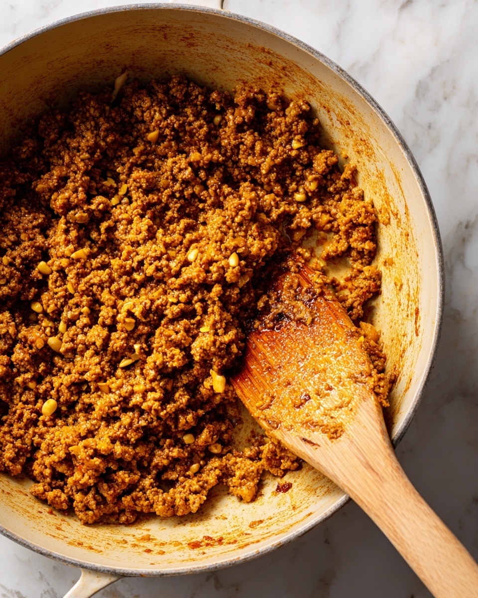 A close-up view of a pot filled with cooked ground meat mixed with small yellowish nuts or seeds, showing a crumbly texture with a mix of brown and yellow colors. The meat mixture is thick and evenly cooked, with some small bits darker than others, giving it a rich, hearty look. A wooden spatula coated with the same mixture is resting inside the pot on the right side, showing a slightly oily surface with bits of the mixture stuck to it. The inside of the pot is light-colored with some flavorful residue around the edges. The background shows a white marbled texture photo taken with an iphone --ar 4:5 --v 7