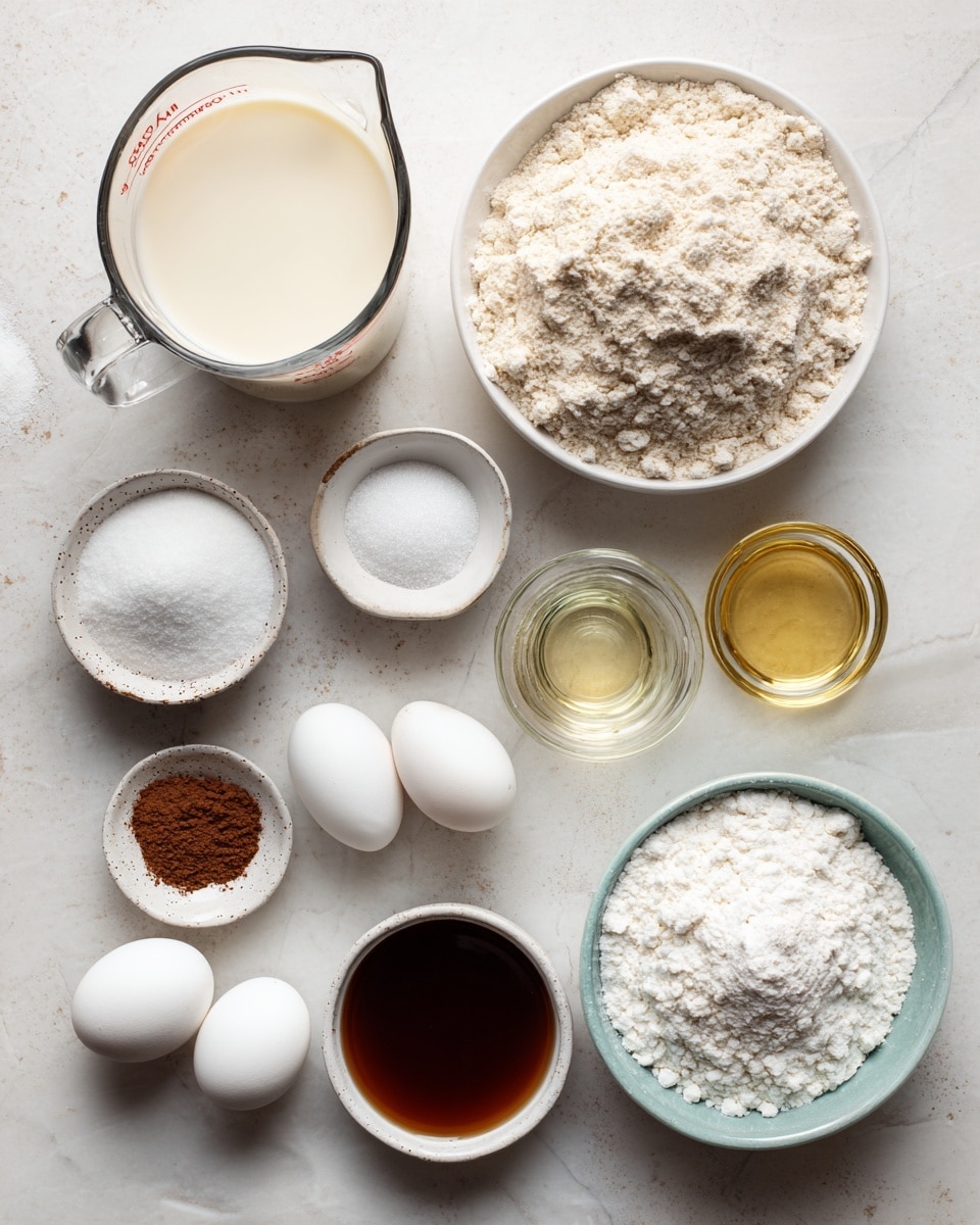 The image shows a flat lay of various baking ingredients arranged on a white marbled surface. There is a clear glass measuring cup filled with light cream-colored milk placed near the top left. To the right of it is a white bowl filled with pale gluten-free flour, which looks a bit crumbly. Below the measuring cup, there is a small white bowl full of fine white sugar. To its right is a small clear glass jar with light yellow oil. Below the sugar bowl, there is a tiny white bowl with dark brown vanilla liquid, and near it a white bowl holding two whole white eggs. Further down on the left side, there is a small white speckled dish containing white baking powder, a little salt, and some brown ground nutmeg. To its right, a larger white bowl full of fluffy white powdered sugar is placed. Finally, beside the oil jar on the bottom right, there is a small clear bowl with light golden cider vinegar. Each ingredient has a grey label with white text describing what it is. The photo taken with an iphone --ar 4:5 --v 7