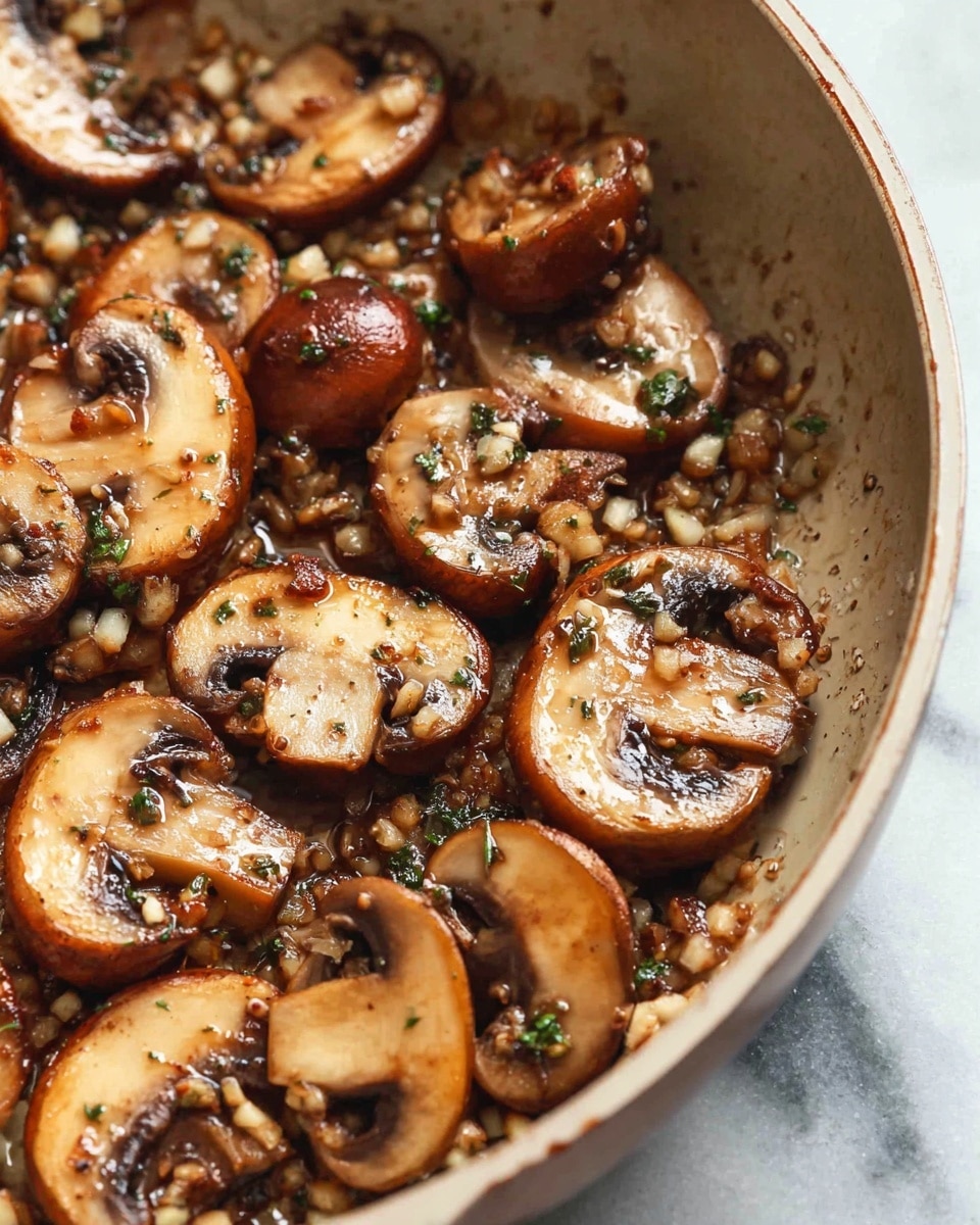 This close-up image shows a single layer of cooked mushroom slices with golden-brown edges mixed with small bits of cooked garlic or shallots, all placed inside a light-colored pan with a smooth surface. The mushrooms are shiny from cooking, showing a mix of light beige and dark brown hues with soft textures and slightly crispy edges. The background is a white marbled texture. Photo taken with an iphone --ar 4:5 --v 7