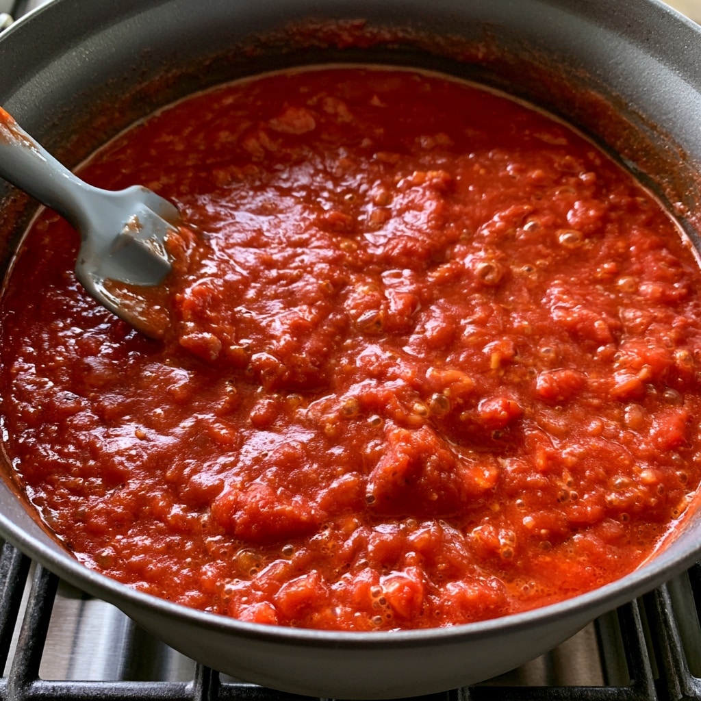 A dark grey pot is filled with a thick, bright red sauce with visible chunks and small bubbles, showing a rich, slightly glossy texture. A grey spatula is partially dipped into the sauce on the left side of the pot, with sauce dripping from it. The pot is sitting on a stove with a black metal grate underneath. The scene has a simple, clean look with no other visible items around. Photo taken with an iphone --ar 4:5 --v 7