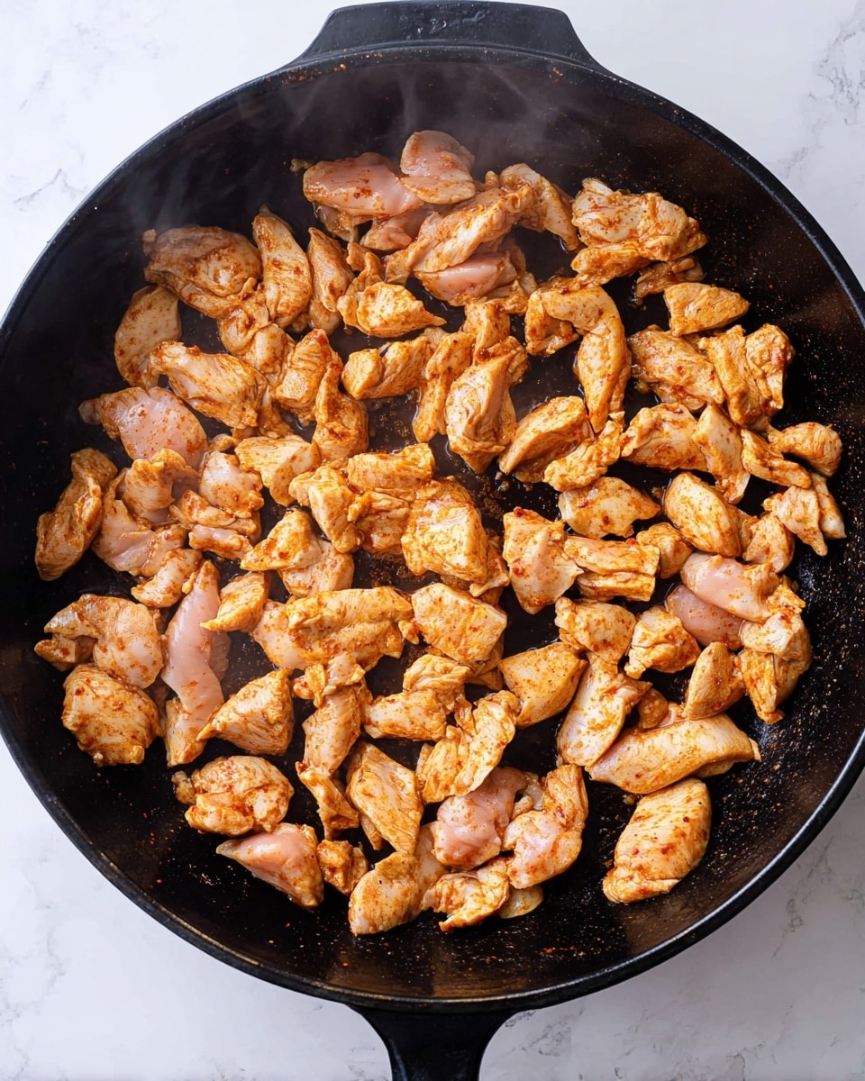 A black cast iron pan filled with many small pieces of light pink chicken marinated with a reddish-brown spice, spread out evenly to cover the surface of the pan, the chicken pieces vary in size and shape, and the pan is placed on a white marbled surface, visible steam rises from the chicken showing it is cooking photo taken with an iphone --ar 4:5 --v 7