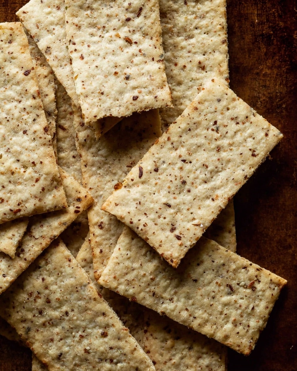 The image shows several rectangular crackers stacked and spread out on a dark brown surface. The crackers have a rough texture with small brown flecks of seeds or grains throughout. They are pale beige in color, with edges that look slightly uneven but mostly straight. Some crackers are overlapping each other, showing different angles and thickness. The surface looks rustic, adding contrast to the lighter color of the crackers. photo taken with an iphone --ar 4:5 --v 7