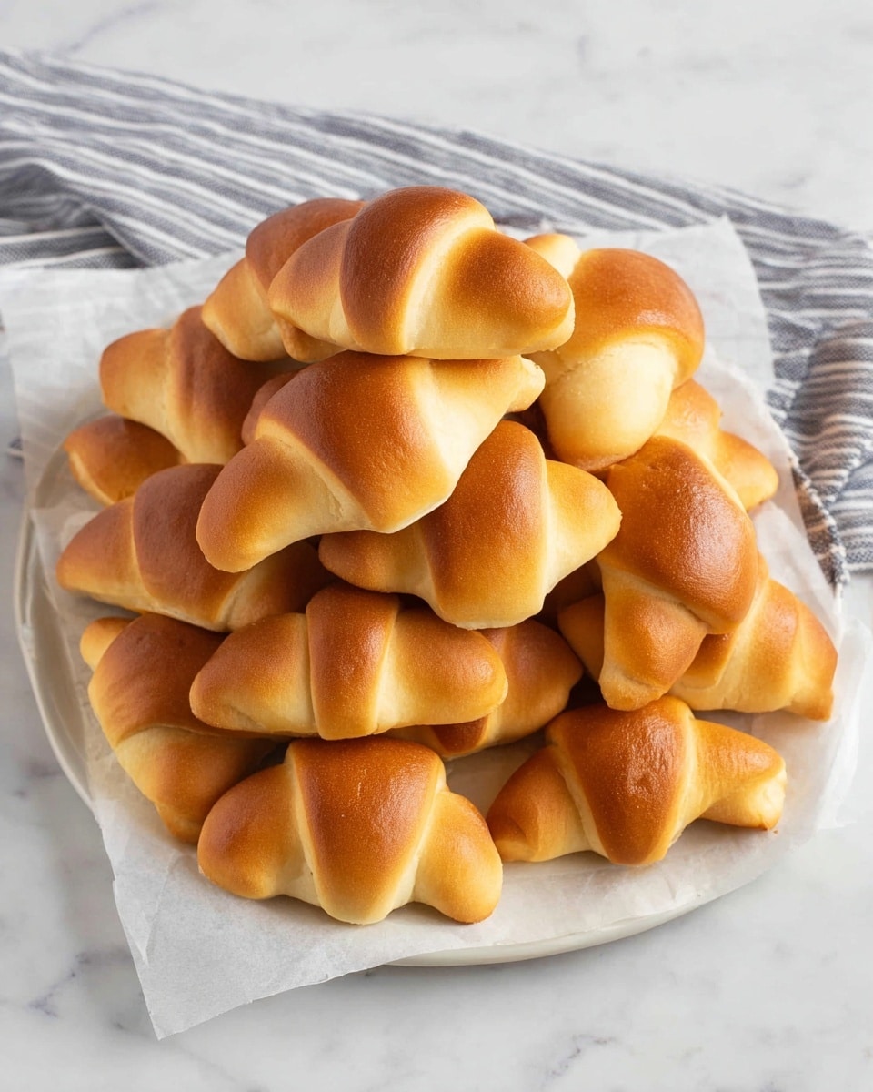 A white plate holds a large pile of golden brown crescent rolls, stacked close together. Each roll has a smooth, shiny top layer in a rich brown color with lighter tan sides that look soft and fluffy. The rolls vary in shape slightly but mostly have a rounded end tapering to a point on the other side, showing layered folds and a soft texture. The plate is lined with light parchment paper beneath the rolls, and the whole setup rests on a white marbled surface with a striped cloth partially visible in the top right corner. photo taken with an iphone --ar 4:5 --v 7