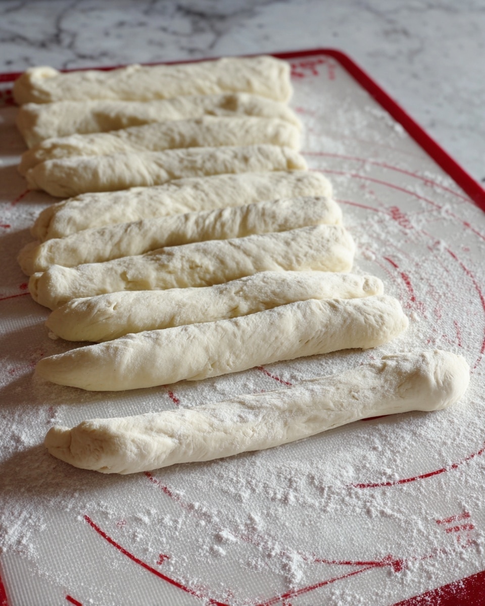 The image shows ten pieces of dough rolled into long, thick sticks laid out in a row on a white mat with red circles and measurement markings. The dough sticks are off-white and soft looking, with some uneven textures showing slight folds and light dusting of white flour scattered around them on the mat. The background surface is a white marbled texture. photo taken with an iphone --ar 4:5 --v 7