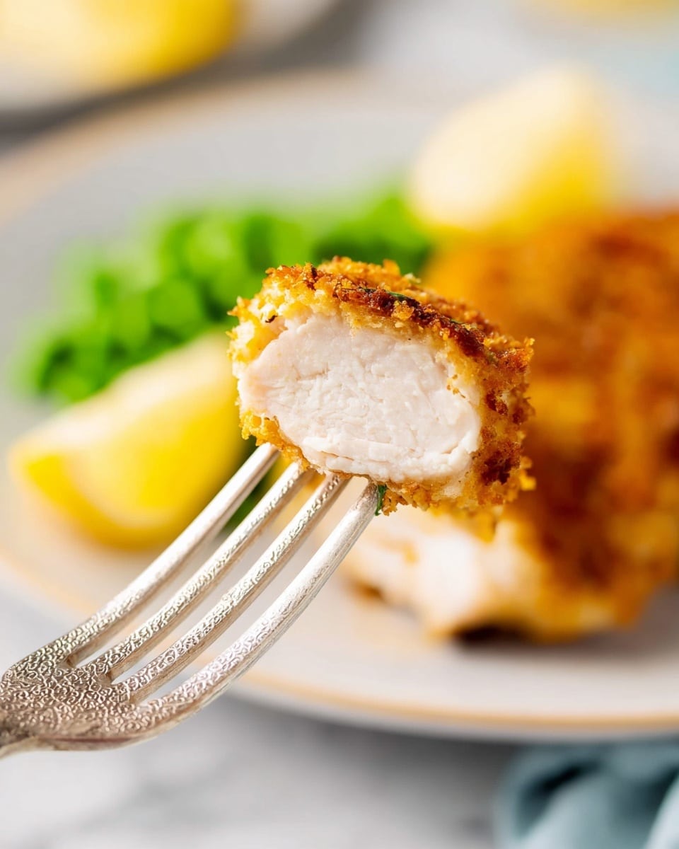 A close-up of a silver fork holding a piece of cooked chicken with a golden brown crunchy coating on the outside and tender white meat inside. The background shows a blurry white plate with green peas and two yellow lemon wedges on a white marbled surface. The image is bright and detailed, focusing on the texture of the chicken and the fork's intricate design. Photo taken with an iphone --ar 4:5 --v 7