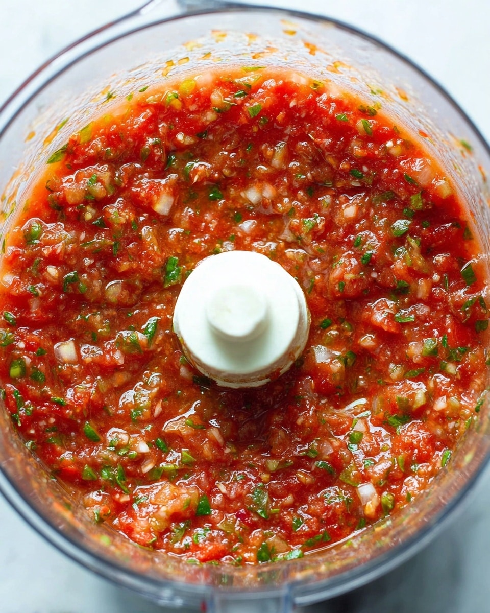 A close-up view of a thick, red salsa inside a clear glass blender bowl showing a mix of finely chopped tomatoes, green herbs, and bits of onion with a slightly chunky and wet texture, centered around a white plastic blender blade in the middle, all against a white marbled background photo taken with an iphone --ar 4:5 --v 7