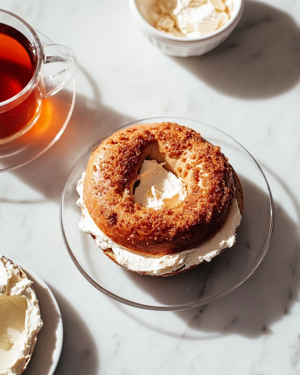 A toasted brown bagel is shown open on a clear glass plate placed on a white marbled surface. The bottom half is covered with a thick, creamy white spread that looks smooth and soft. The top half has a darker golden brown color with a slightly rough texture and some visible sugar crystals that give it a crunchy look. Nearby, a cup with dark orange tea and a white bowl filled with more creamy spread are visible. The scene is bright with natural light shining from the top left. photo taken with an iphone --ar 4:5 --v 7