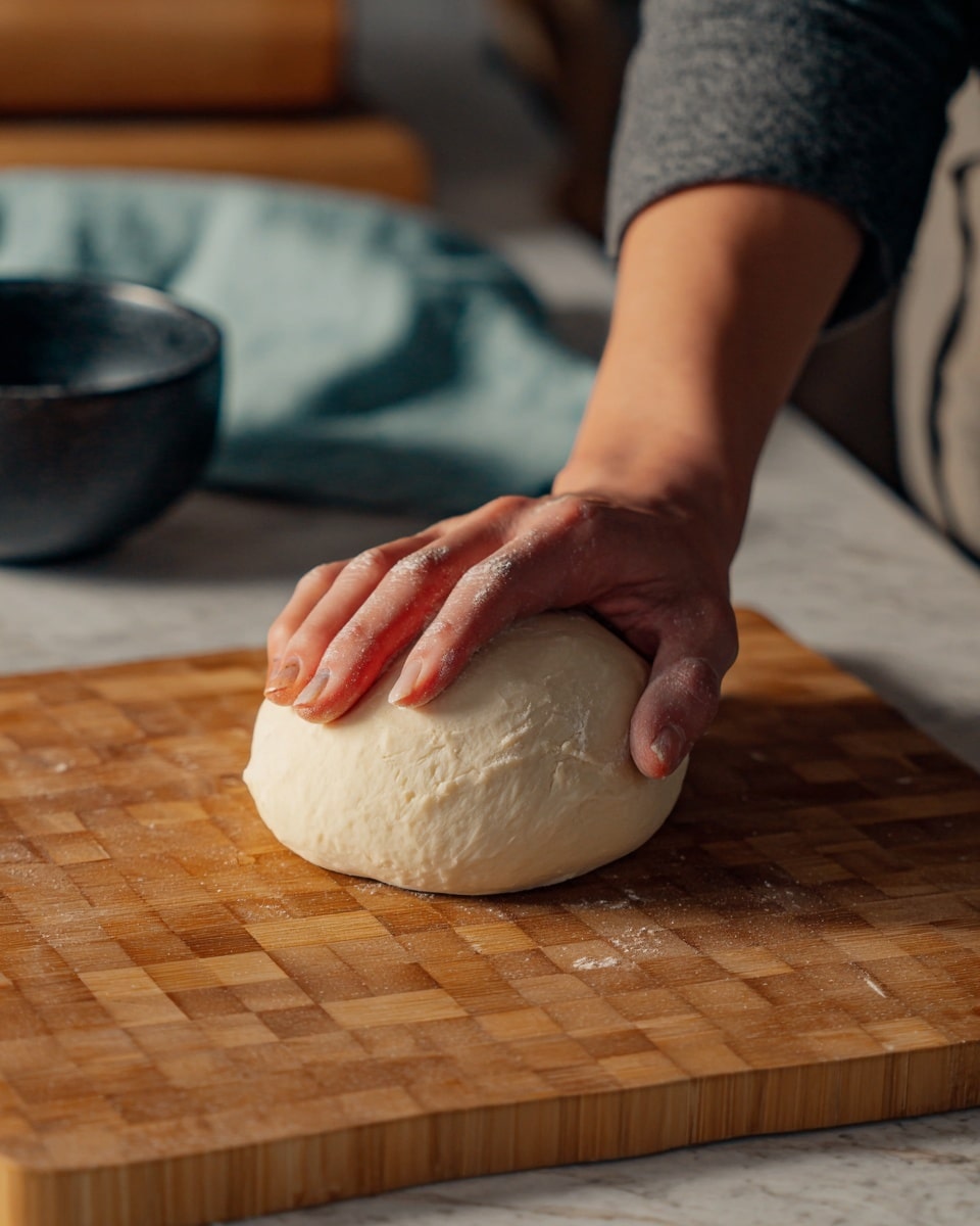A close-up image shows a woman’s hand pressing down on a smooth, round ball of dough with a slightly cracked surface near the bottom, resting on a wooden chopping board with a checkered pattern. Part of a gray long sleeve is visible on the arm, while behind the board, there's a glimpse of a black bowl and a light blue apron or cloth. The full scene sits on a white marbled texture surface. photo taken with an iphone --ar 4:5 --v 7