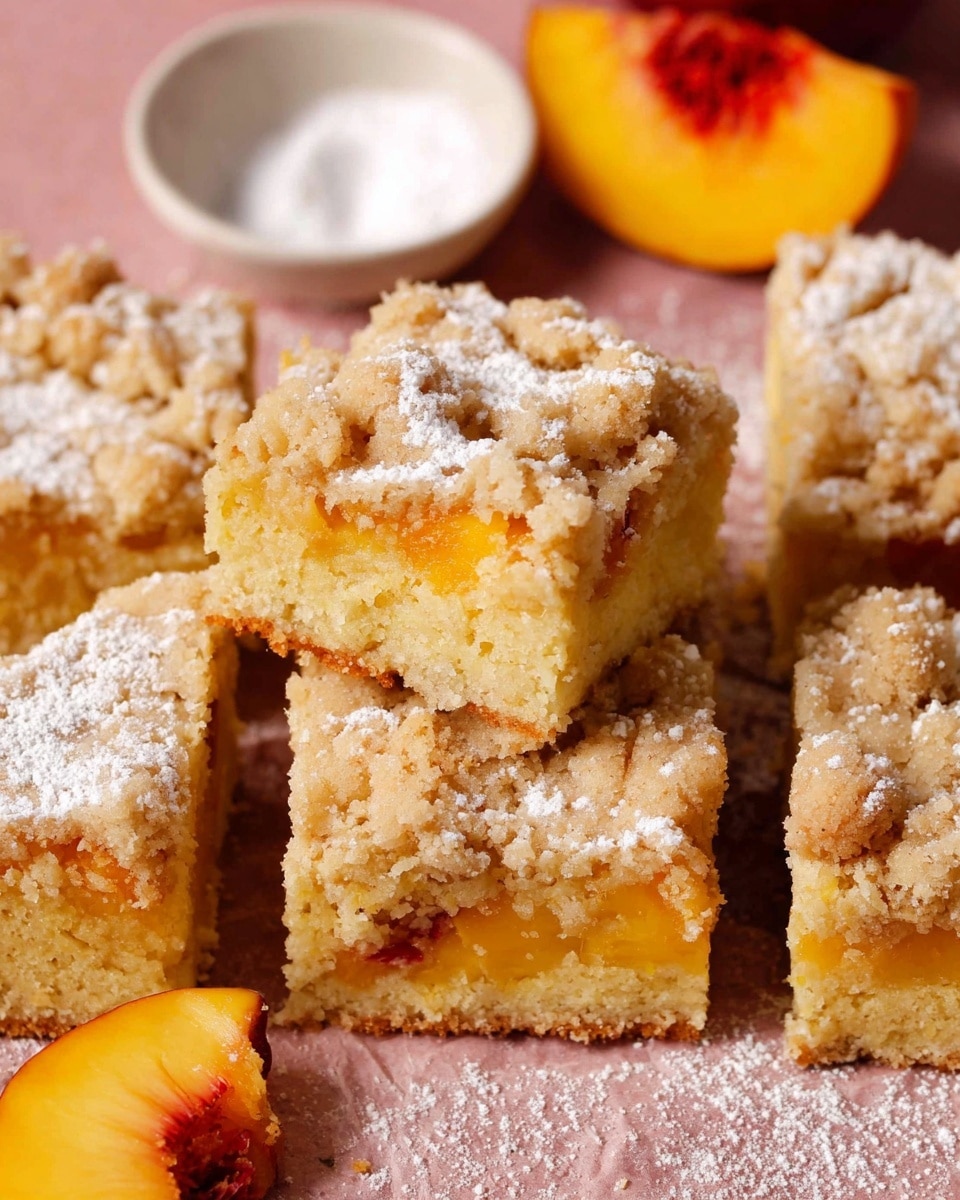 The image shows several square pieces of peach crumb cake arranged closely together on a surface with a pink cloth beneath. Each crumb cake piece has three main layers: a light golden crumbly topping sprinkled with powdered sugar, a thick soft yellow cake layer in the middle, and pieces of bright orange peach embedded in the cake layer. The topping looks rough and textured while the cake appears moist and fluffy. In the background, a small white bowl with powdered sugar and a fresh peach slice are visible. The photo is taken with an iphone --ar 4:5 --v 7