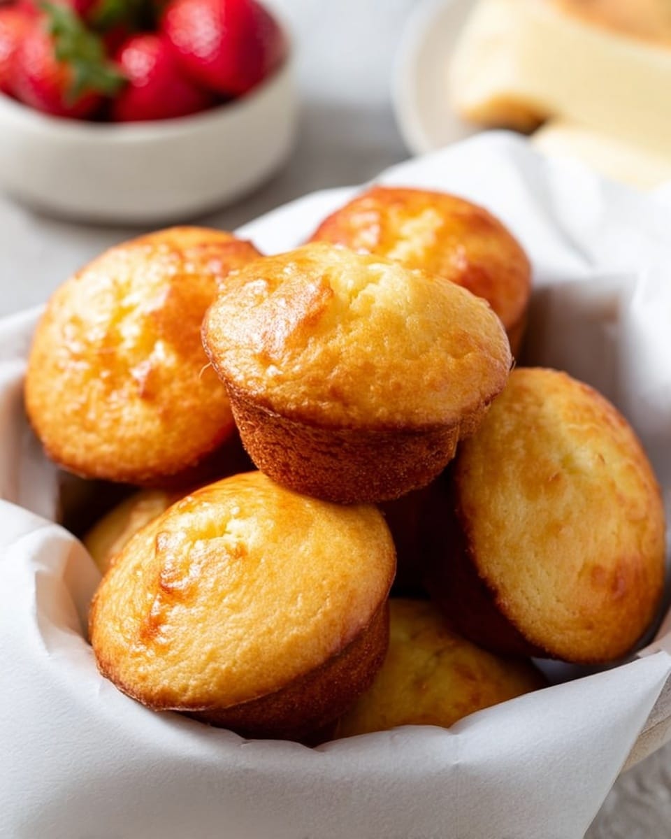 A close-up view of seven golden brown muffins with slightly shiny tops, arranged in a white bowl lined with white parchment paper. The muffins have a soft, smooth texture on top with a few small uneven spots of deeper golden color. The bowl sits on a white marbled surface, with a blurred white bowl of vibrant red strawberries and a light piece of bread in the background. The light is soft and natural, highlighting the warm tones of the muffins. Photo taken with an iphone --ar 4:5 --v 7