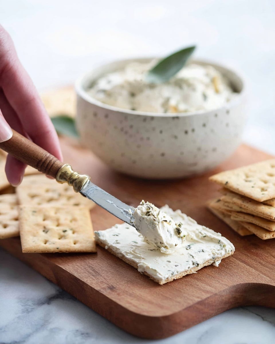 The image shows four small square crackers laid out on a wooden cutting board with a light brown color and smooth texture. Each cracker has a thick layer of white creamy spread evenly covering its surface. On top of each spread layer is a thin, smooth slice of bright orange smoked salmon, slightly curled at the edges. A small green sprig, likely dill, is placed in the center of each salmon slice for garnish. In the background on the right, there is a green bowl filled with white creamy spread, slightly out of focus. The whole scene is set against a white marbled surface, creating a clean and fresh look. Photo taken with an iphone --ar 4:5 --v 7