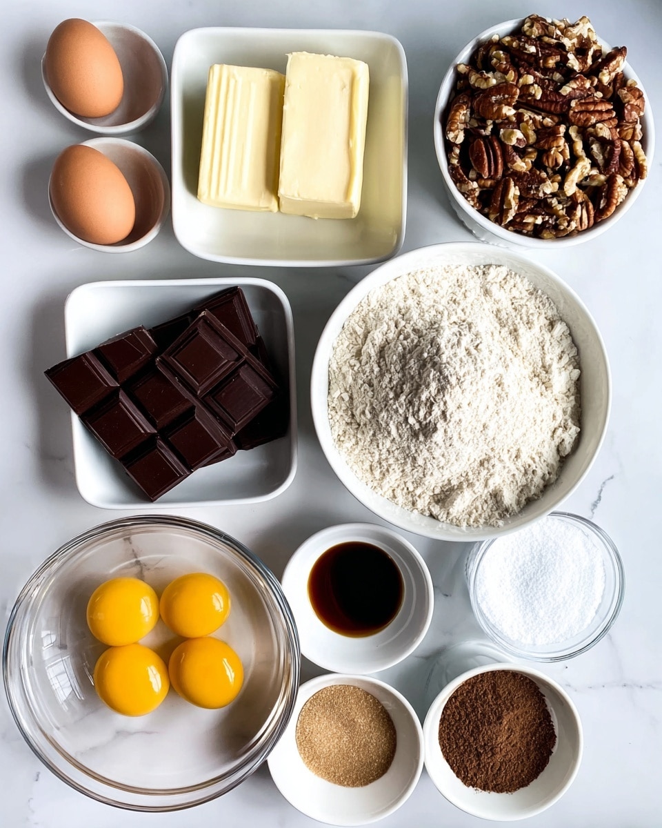 The image shows baking ingredients arranged neatly on a white marbled surface, with each ingredient in separate white bowls or glass dishes. There are three yellow eggs in a clear glass bowl at the bottom left center, next to three dark chocolate bars placed flat. Above the eggs, there are two sticks of pale yellow butter in a white bowl. To the right of the butter, a large white bowl is filled with chopped pecans. Below the pecans is a white bowl filled with white flour. In front of the flour, two smaller white bowls hold light and dark brown sugar respectively. A small clear bowl containing vanilla extract sits next to the flour, and another small bowl with white baking powder and salt is above it. The neat layout showcases the ingredients clearly. Photo taken with an iphone --ar 4:5 --v 7