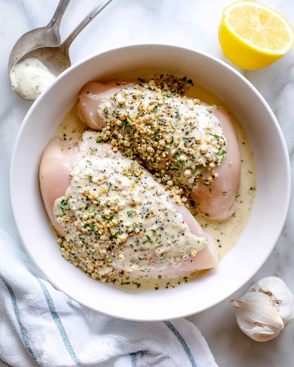 A white bowl holds two pieces of raw chicken with a light pink tone, each topped with a layer of creamy white sauce mixed with green herbs and black pepper flakes, spread unevenly across the chicken surface. The bowl sits on a white marbled background, with half a squeezed lemon and a bulb of garlic nearby. A silver spoon rests next to the bowl, and a white cloth with light blue stripes is folded at the edge. The lighting is natural and soft, highlighting the textures of the chicken and sauce photo taken with an iphone --ar 4:5 --v 7