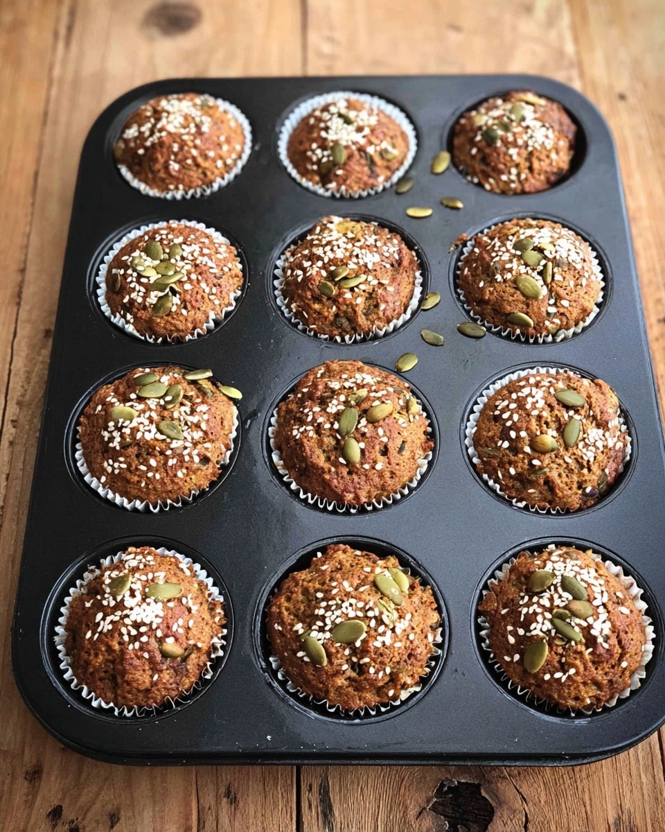 A black metal muffin tray holds nine muffins with a rough textured dark brown top, each sprinkled with white sesame seeds and green pumpkin seeds. The muffins are domed with a slightly cracked surface showing a dense crumb beneath. Most muffins rest in white paper liners inside the tray. The tray is placed on a wooden surface with visible grain and knots. Photo taken with an iphone --ar 4:5 --v 7
