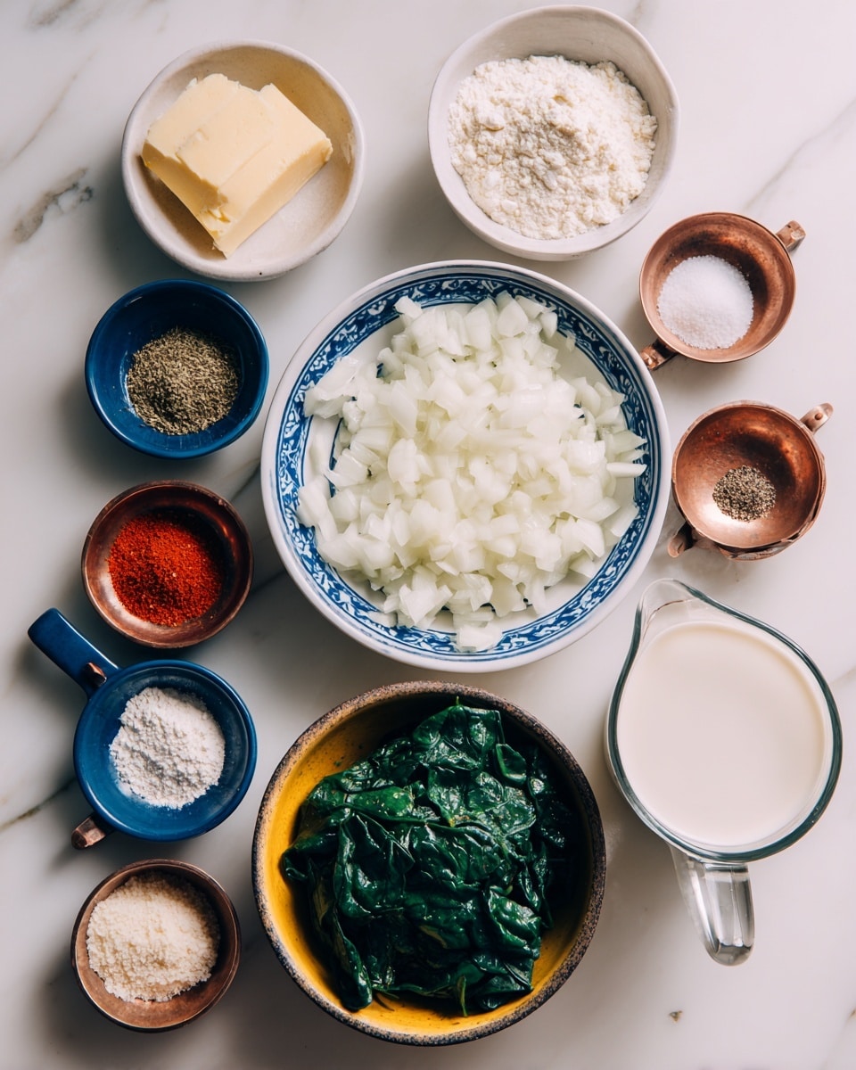 The image shows a white marbled surface with multiple small bowls and a measuring cup arranged neatly. In the center is a white bowl with a blue rim filled with chopped white onions. Around it are various small bowls: a white bowl holding pale yellow butter, another white bowl with white flour, a white cup with grated parmesan cheese, two blue bowls containing minced garlic and brown nutmeg powder, a dark orange bowl with red cayenne powder, and two small copper bowls with salt and black pepper. A glass measuring cup filled with whole milk and a white bowl with a yellow inside holding dark green chopped spinach complete the layout. Each ingredient is labeled with clear text. photo taken with an iphone --ar 4:5 --v 7