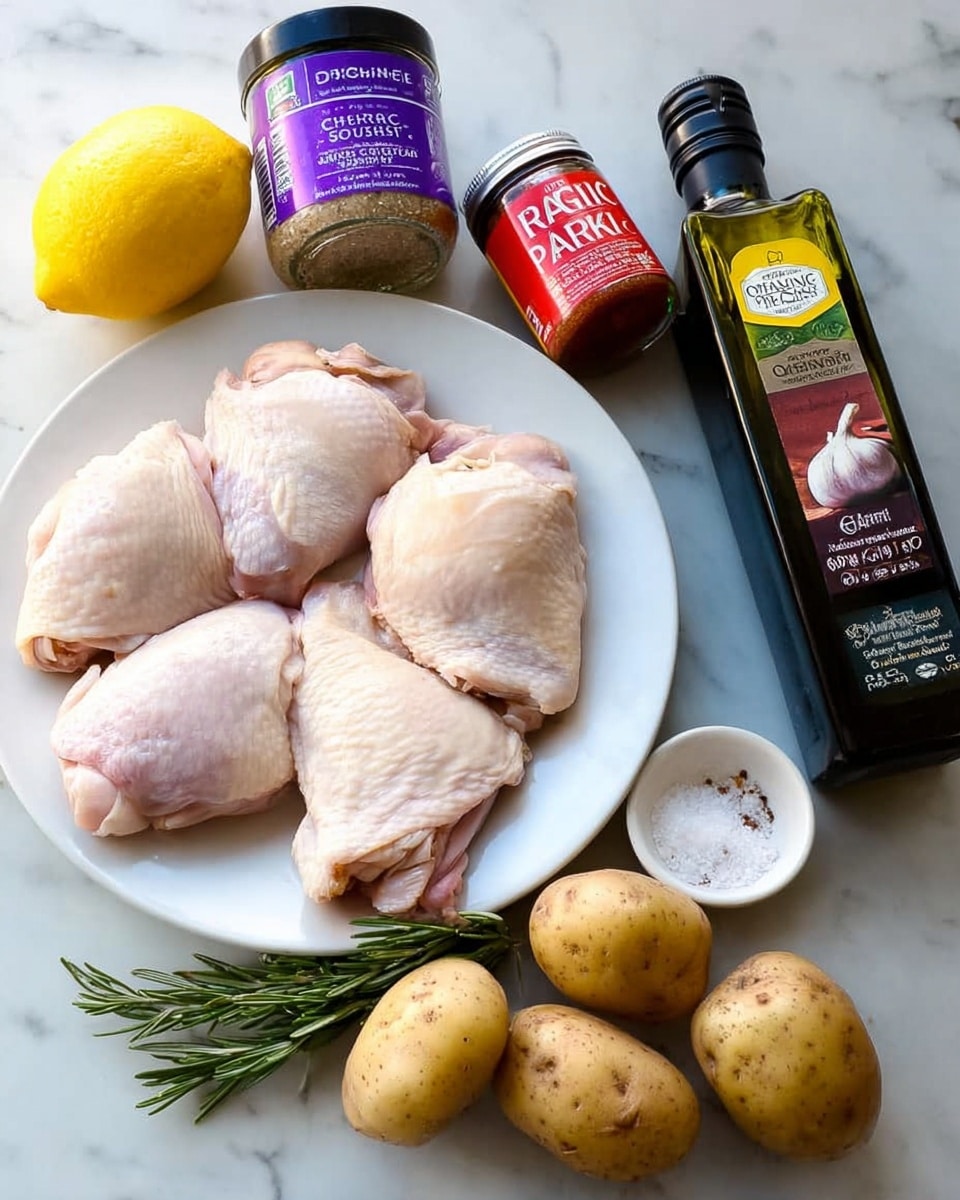 A white plate sits on a white marbled surface, filled with six raw chicken thighs showing pale pink skin and light fat patches. Around the plate, on the surface, are five small light brown potatoes with speckled skin. To the left of the plate, there is a sprig of fresh green rosemary resting against a bright yellow lemon. Behind the lemon and rosemary are two containers: one is a clear plastic jar of granulated garlic with a black lid and purple label, and the other is a red bottle labeled organic ground paprika. In front of these jars, a small white dish holds coarse salt with one rosemary needle laid across it. On the right side of the plate, a tall dark green bottle of organic extra virgin olive oil stands upright. photo taken with an iphone --ar 4:5 --v 7