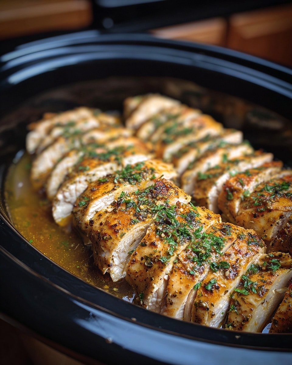 The image shows a black slow cooker filled with four pieces of sliced and cooked chicken arranged closely in two rows. Each chicken piece has a golden-brown color with visible seasoning and herbs, mainly green flecks scattered on top. The chicken slices are soaking in a light brown sauce that covers the bottom of the cooker, giving a shiny and moist texture. The background visible around the slow cooker is a white marbled surface. photo taken with an iphone --ar 4:5 --v 7